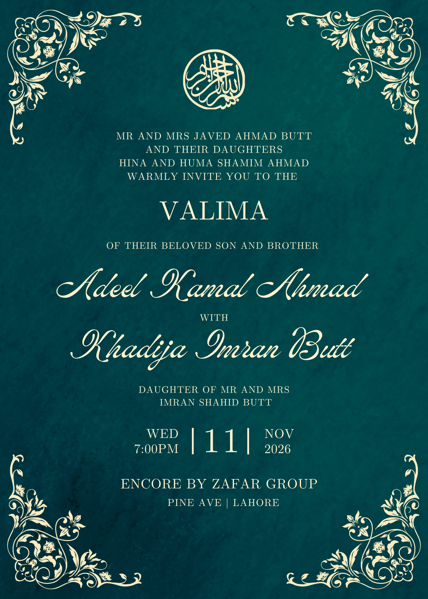 Invitation to the Valima of Adeel Ahmad and Khadija Imran Butt on November 11, 2026 at Encore by Zafar Group, Lahore.